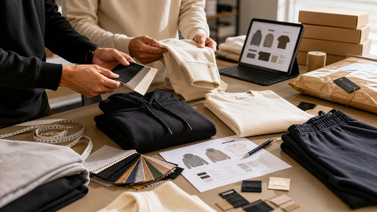 Garment samples, fabric swatches, labels, and packing details reviewed before apparel production