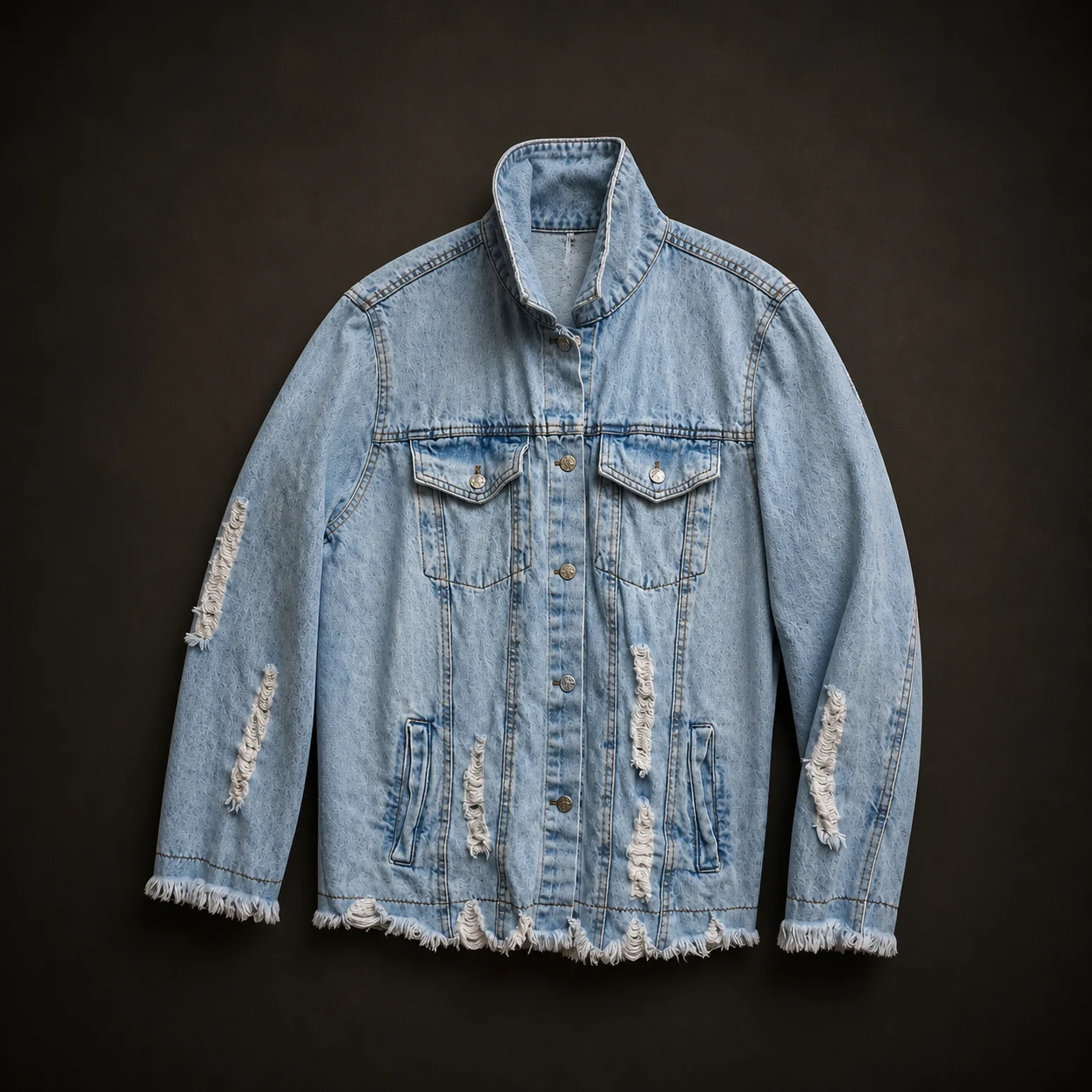 Light blue distressed denim jacket shown at an angled view for custom manufacturing