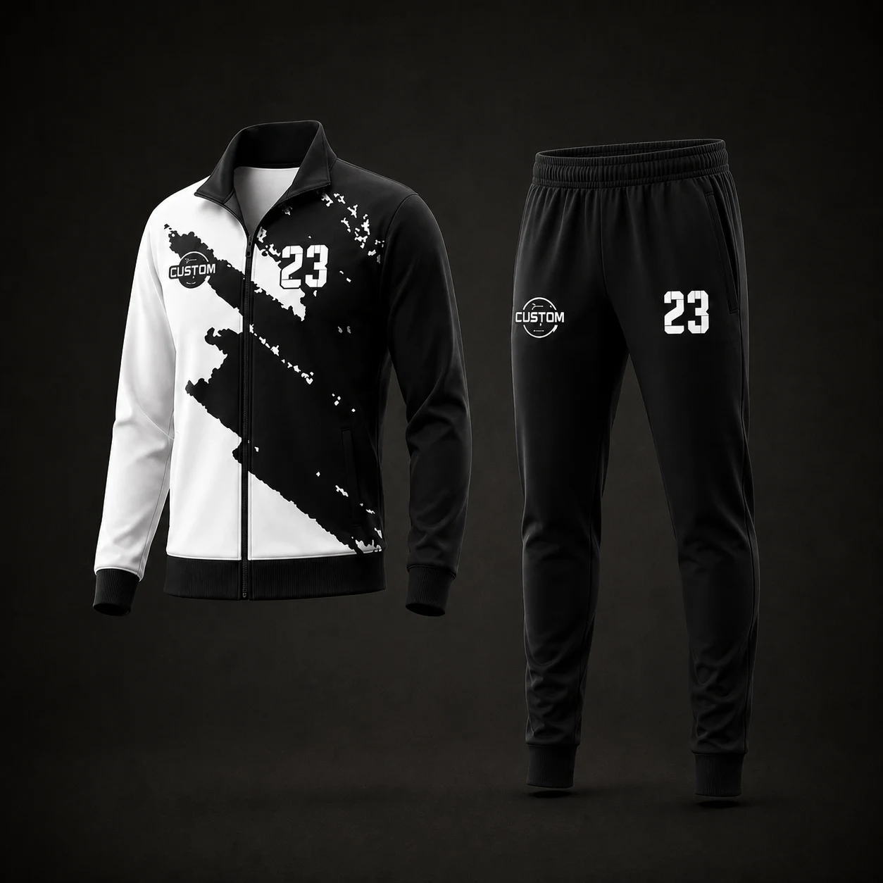 White and black tracksuit set shown at an angled view for custom manufacturing