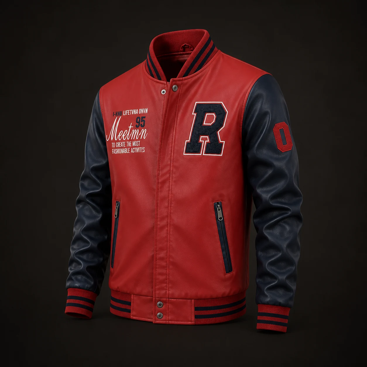Red and navy varsity jacket shown at an angled view for custom manufacturing