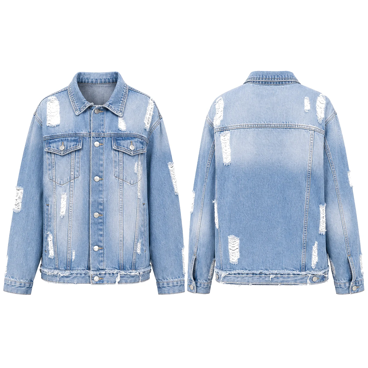 Light blue distressed oversized denim jacket front and back product view