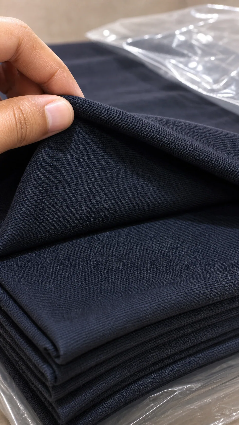Close view of sourced dark knit fabric