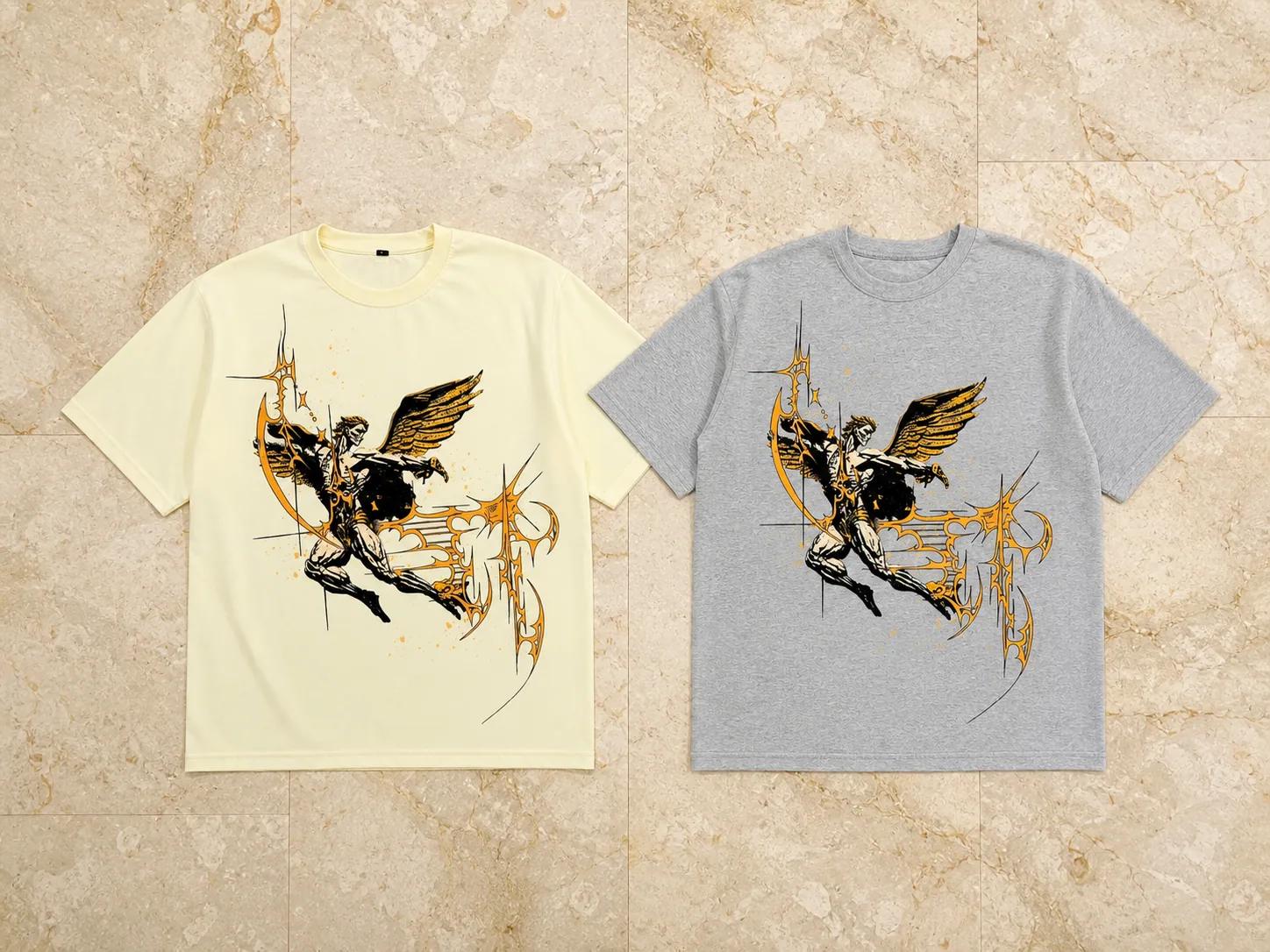 Two finished custom printed t-shirts