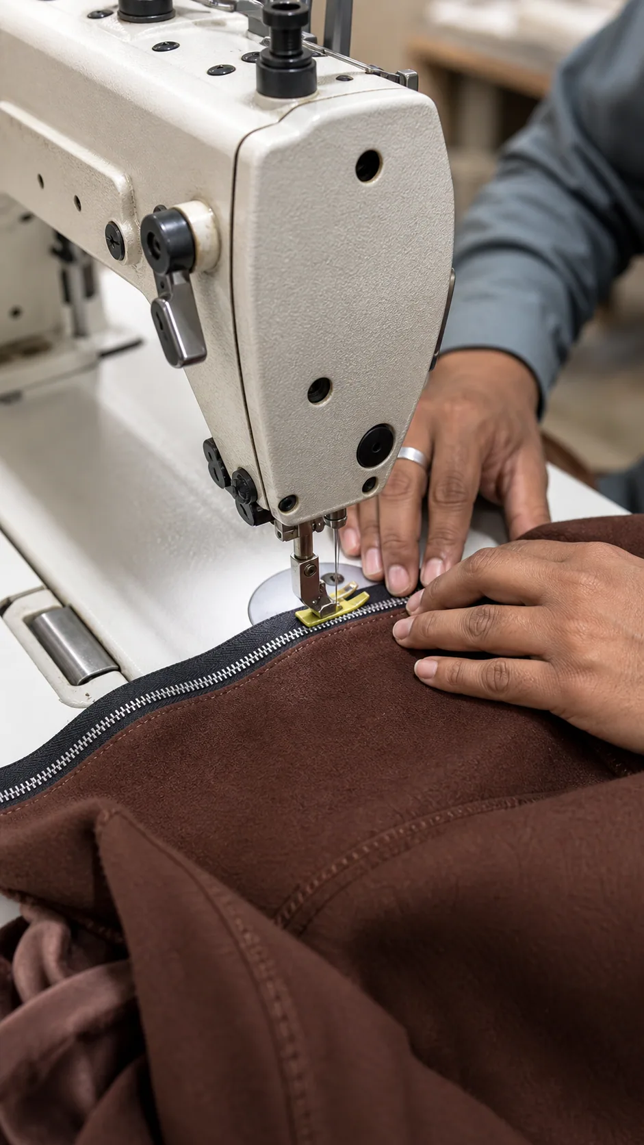 Industrial zipper stitching on a brown garment