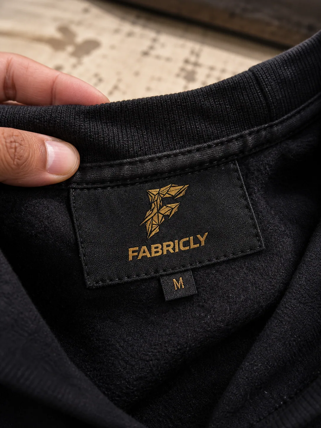 Close-up of a custom Fabricly woven neck label stitched into heavyweight fleece