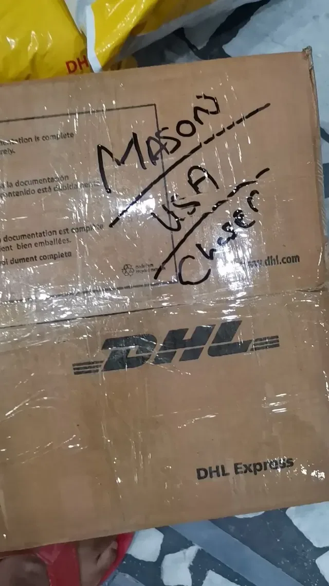 DHL export carton prepared for delivery to the United States