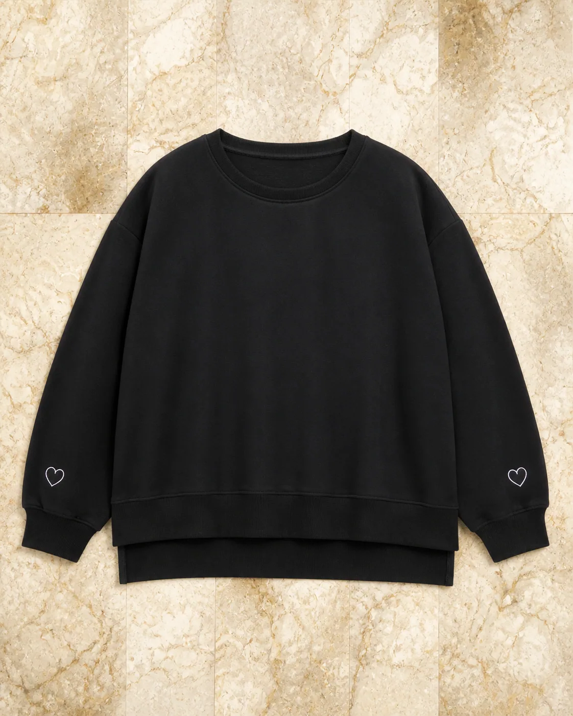 Black crewneck sweatshirt with embroidered cuff hearts from the United States shipment