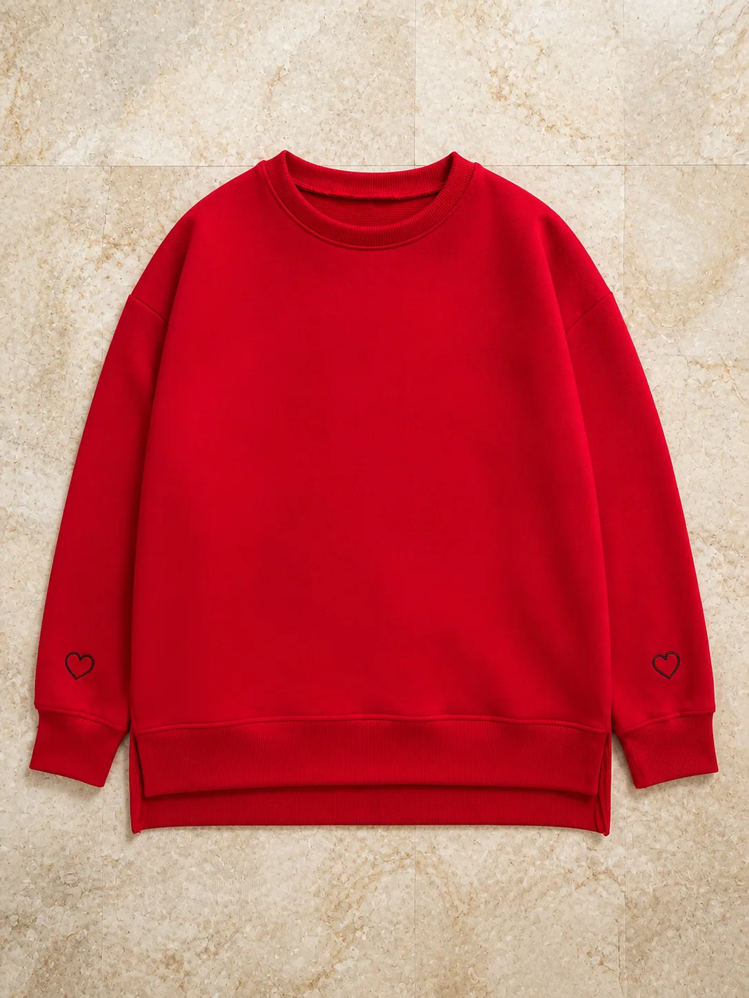 Red crewneck sweatshirt with embroidered cuff hearts from the United States shipment