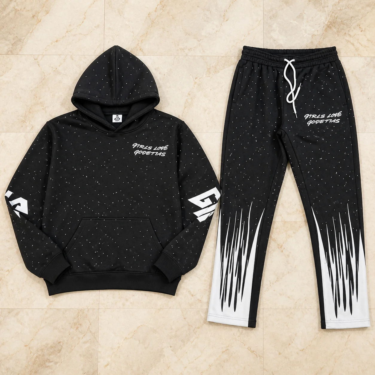 Black rhinestone hoodie and trouser set with white graphic details