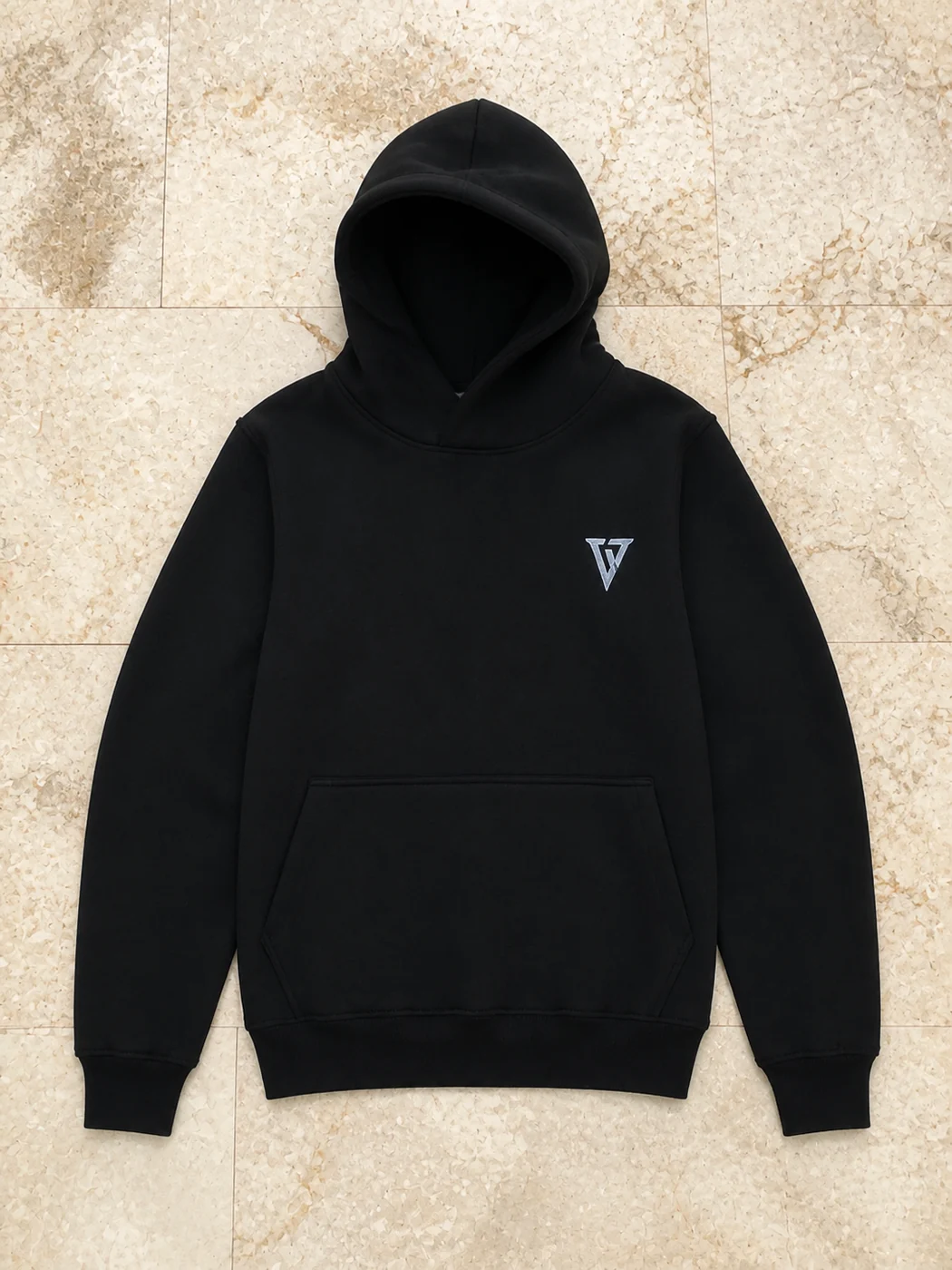 Black pullover hoodie sample with a small embroidered chest logo